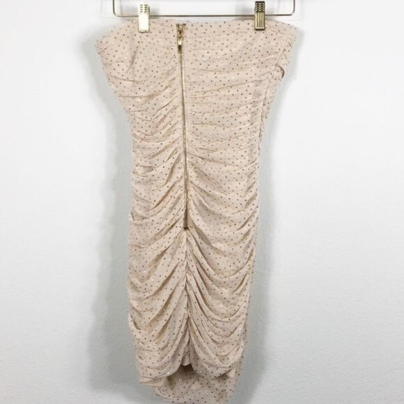 Bebe Beige Mesh Gold Studs Strapless Dress New Years Eve Wedding Date Size Small - Picture 3 of 7